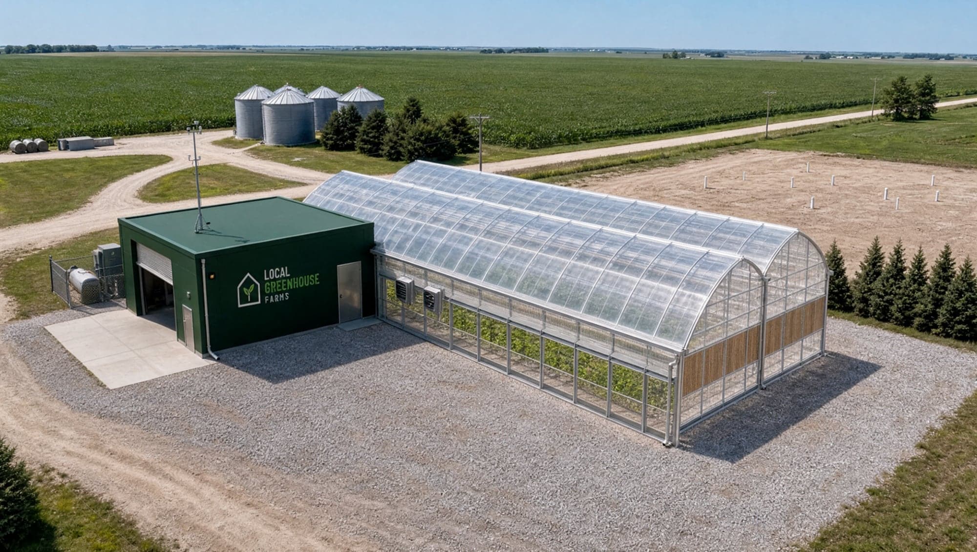 Aerial view of the Local Greenhouse Farms site standard: the double-peak greenhouse and its dark green headhouse on a gravel apron, exhaust fans beside the headhouse, cooling pad on the far gable, a fenced utility corner behind, a clear truck apron at the roll-up door, and a graded expansion pad with capped utility stub-ups, with the farm's grain bins, windbreak, and county road beyond