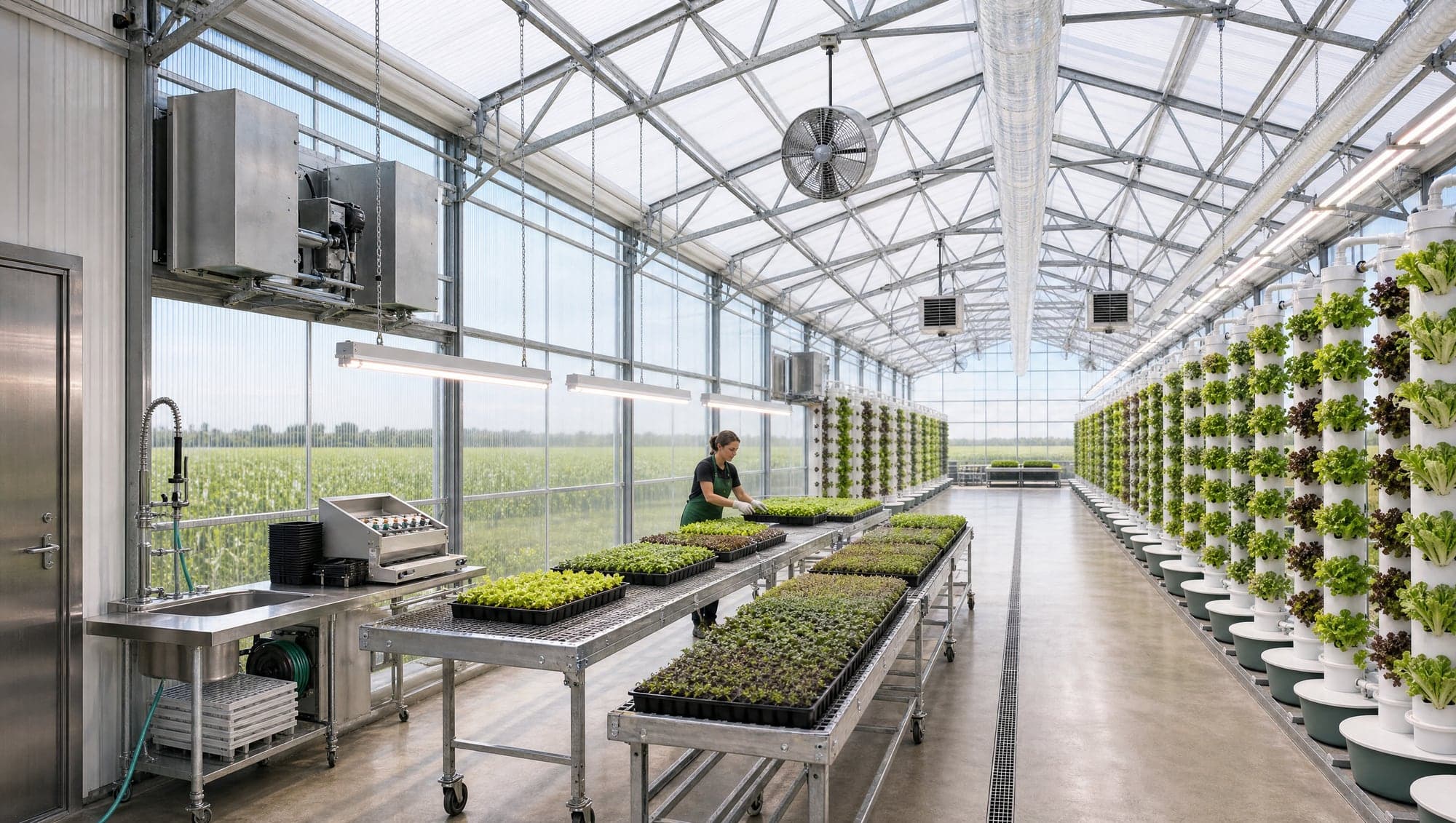 The propagation bay of a Local Greenhouse Farms house, just inside the headhouse door: rolling germination benches of seedling trays under LED strips, a seeding table with tray seeder, sink and hose station on the white wall, and the tower rows and corn fields beyond